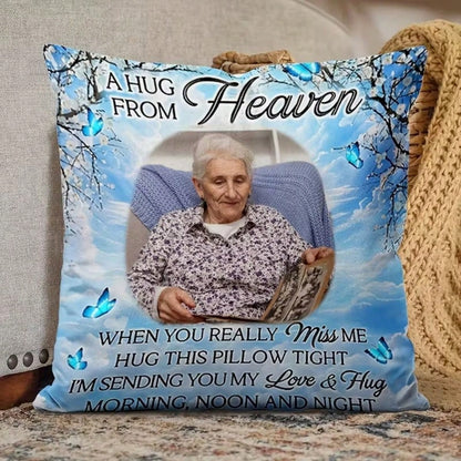 Custom Memorial Pillow Cover Heaven Personalized Photo Pillow For Loss Loved One "Hug From Heaven" Design Blue Butterflies Unique Bereavement Gift In Memory Gift Custom Your Image/Text/Photo Customiza