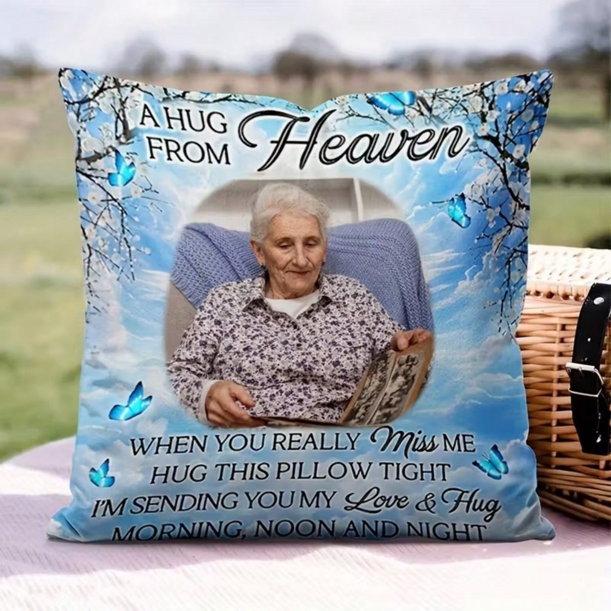 Custom Memorial Pillow Cover Heaven Personalized Photo Pillow For Loss Loved One "Hug From Heaven" Design Blue Butterflies Unique Bereavement Gift In Memory Gift Custom Your Image/Text/Photo Customiza