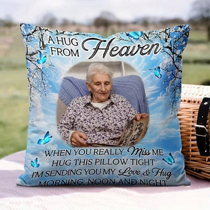 Custom Memorial Pillow Cover Heaven Personalized Photo Pillow For Loss Loved One "Hug From Heaven" Design Blue Butterflies Unique Bereavement Gift In Memory Gift Custom Your Image/Text/Photo Customiza