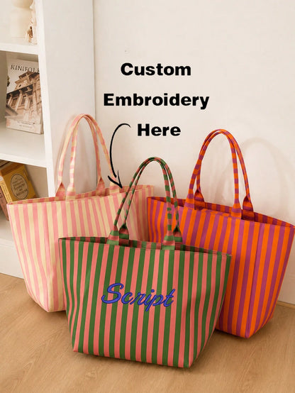 (Custom) Personalized Embroidered Minimalist Striped Canvas Tote Bag, Original Niche Versatile Commuter Large Capacity Handbag, Student School Shoulder Bag, Back To School