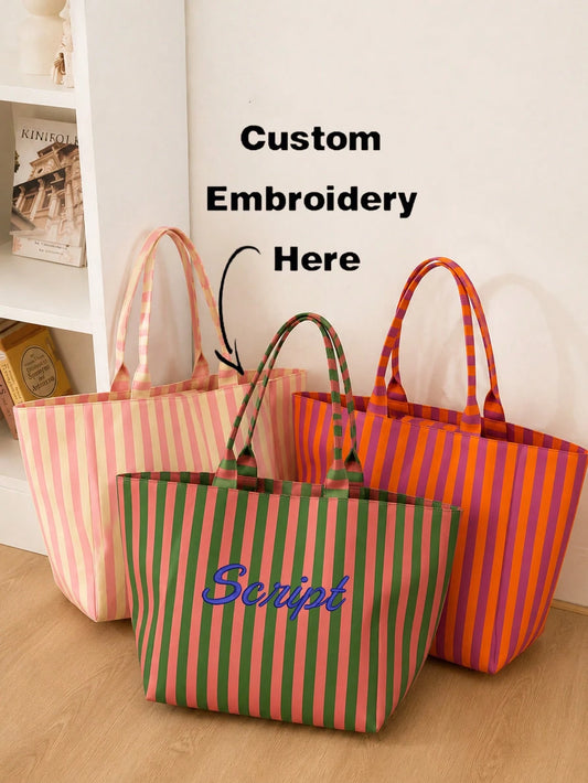 (Custom) Personalized Embroidered Minimalist Striped Canvas Tote Bag, Original Niche Versatile Commuter Large Capacity Handbag, Student School Shoulder Bag, Back To School