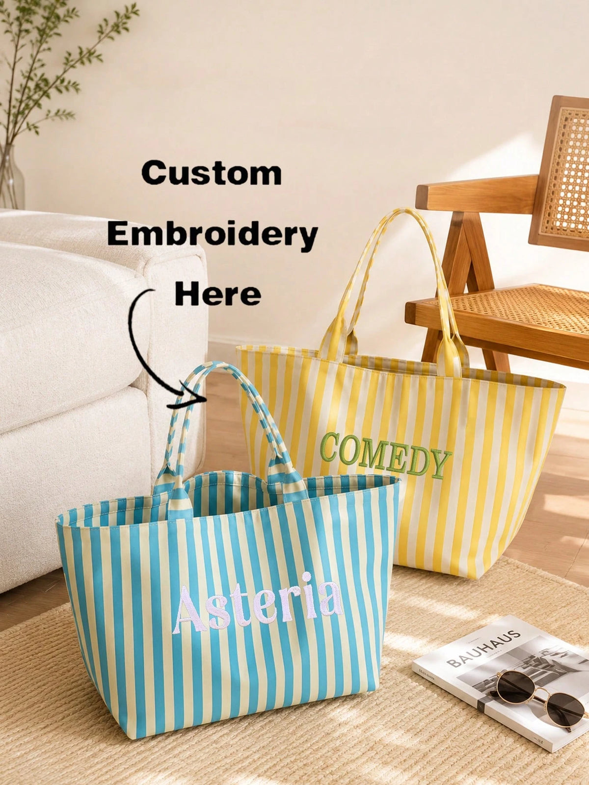 (Custom) Personalized Embroidered Minimalist Striped Canvas Tote Bag, Original Niche Versatile Commuter Large Capacity Handbag, Student School Shoulder Bag, Back To School