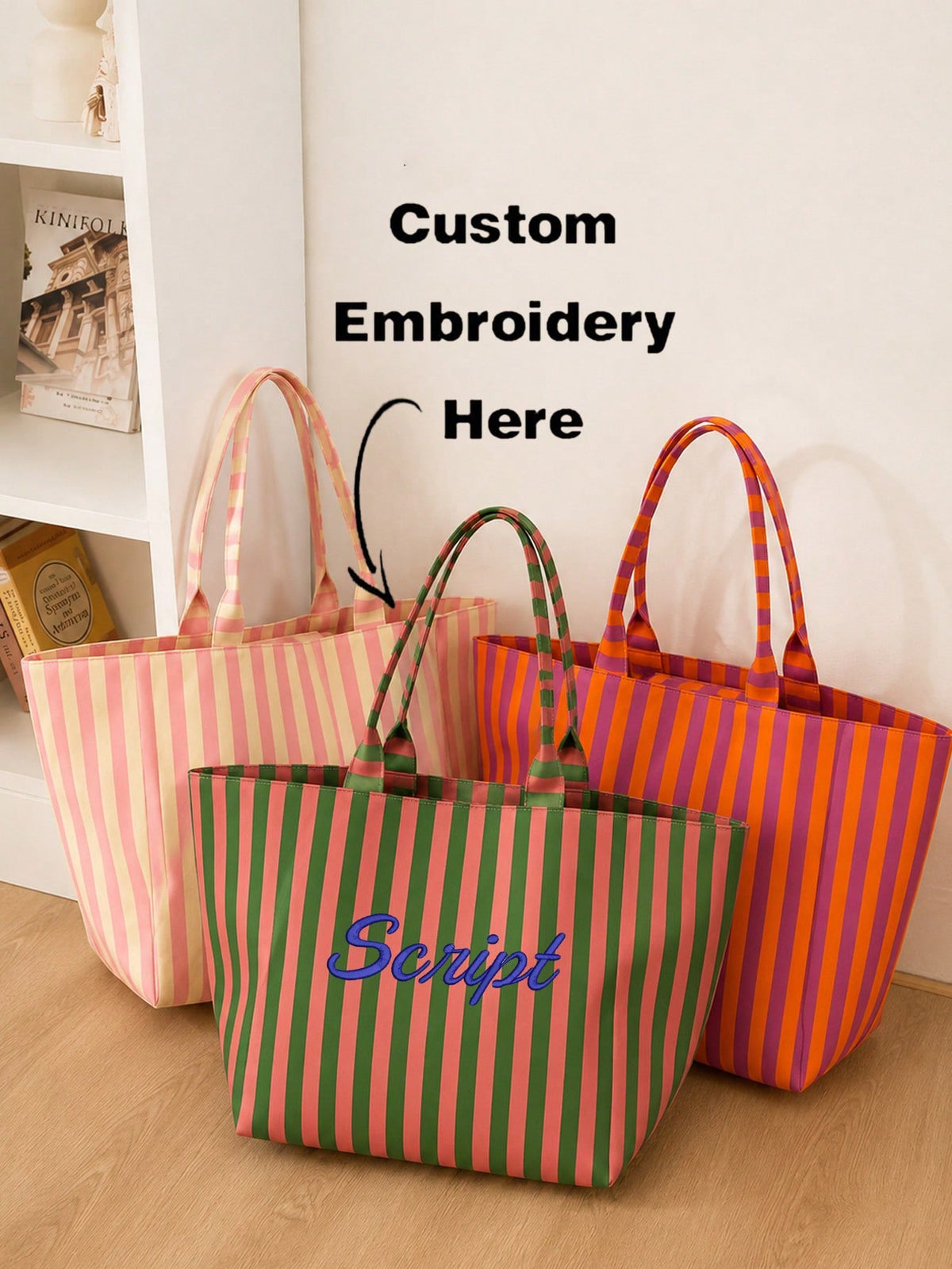 (Custom) Personalized Embroidered Minimalist Striped Canvas Tote Bag, Original Niche Versatile Commuter Large Capacity Handbag, Student School Shoulder Bag, Back To School