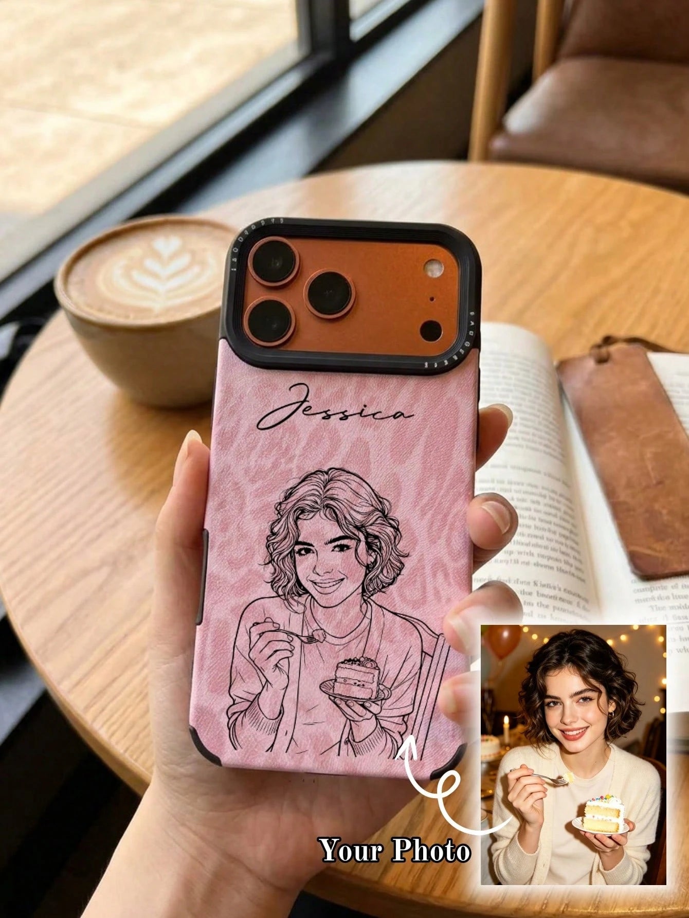 Custom Photo & Name UV Printing Line Art Phone Case Compatible With IPhone 11 12 13 14 15 16 17 Pro Max Plus Air Pink Leopard Grain Pattern Shockproof Protective Cover DIY Line Drawing Personalized Cu