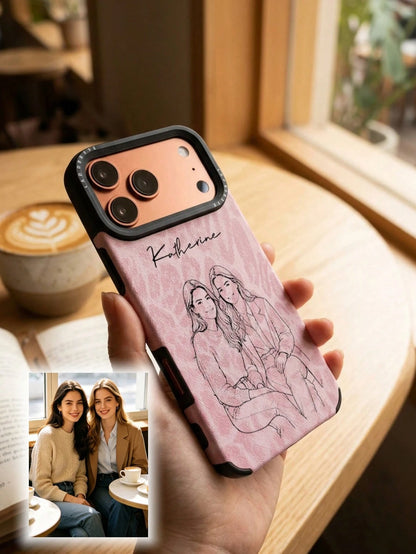 Custom Photo & Name UV Printing Line Art Phone Case Compatible With IPhone 11 12 13 14 15 16 17 Pro Max Plus Air Pink Leopard Grain Pattern Shockproof Protective Cover DIY Line Drawing Personalized Cu