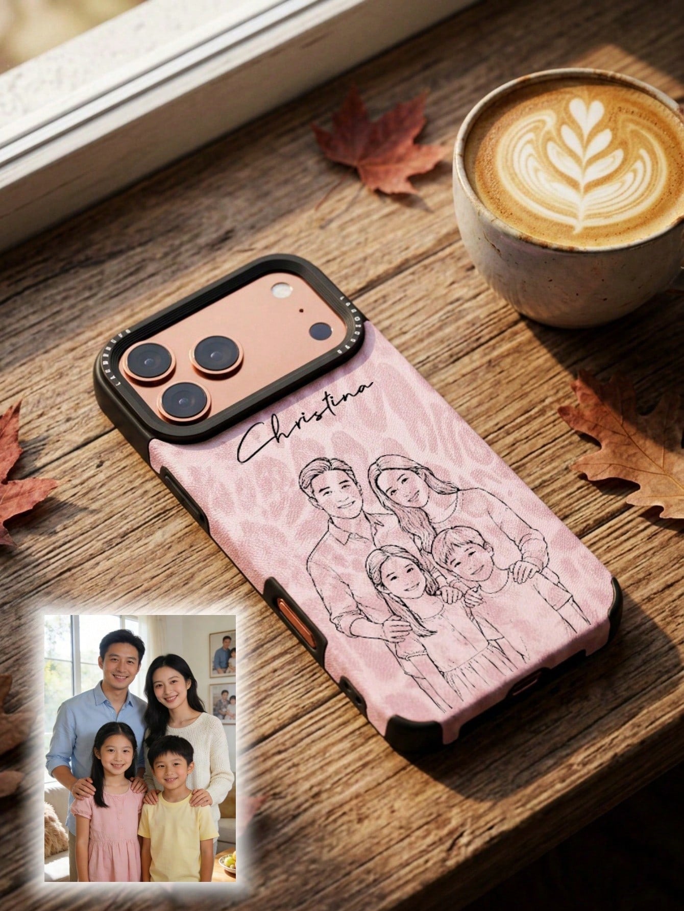 Custom Photo & Name UV Printing Line Art Phone Case Compatible With IPhone 11 12 13 14 15 16 17 Pro Max Plus Air Pink Leopard Grain Pattern Shockproof Protective Cover DIY Line Drawing Personalized Cu