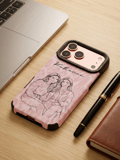 Custom Photo & Name UV Printing Line Art Phone Case Compatible With IPhone 11 12 13 14 15 16 17 Pro Max Plus Air Pink Leopard Grain Pattern Shockproof Protective Cover DIY Line Drawing Personalized Cu