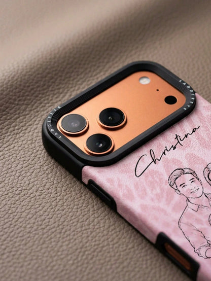 Custom Photo & Name UV Printing Line Art Phone Case Compatible With IPhone 11 12 13 14 15 16 17 Pro Max Plus Air Pink Leopard Grain Pattern Shockproof Protective Cover DIY Line Drawing Personalized Cu