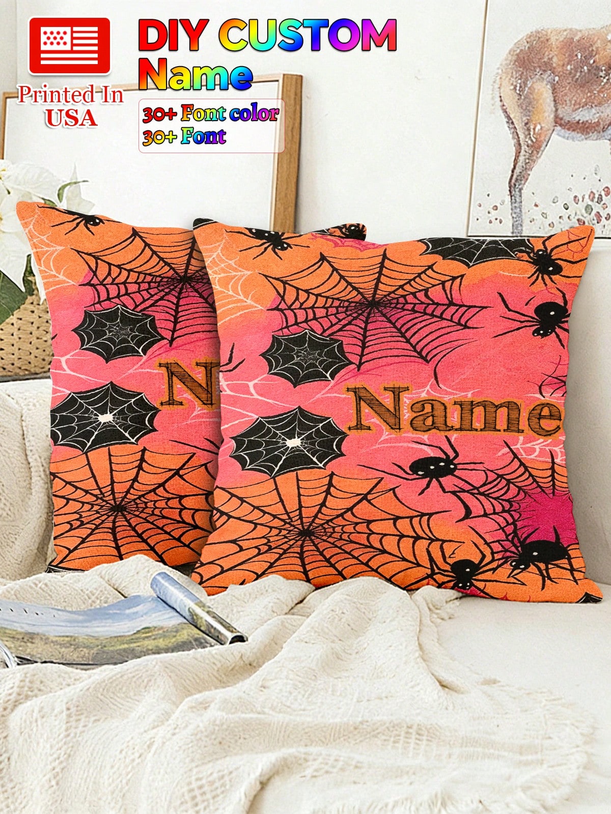 Custom Spider Web Personalized Text Pillow Case Soft Comfortable Cushion Covers Perfect Birthday Gifts Family Daily Wedding Graduation Souvenir Sofa Bed Car Bedroom Living Room Office Christmas Hallo