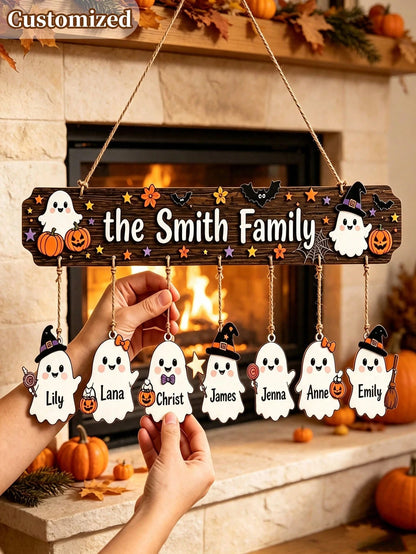 Custom Wooden Halloween Family Sign, Personalized Halloween Theme Wall Decor, Suitable For Living Room, Bedroom And Party. Ideal Holiday And Halloween Personalized Gift; Also Suitable For Christmas De