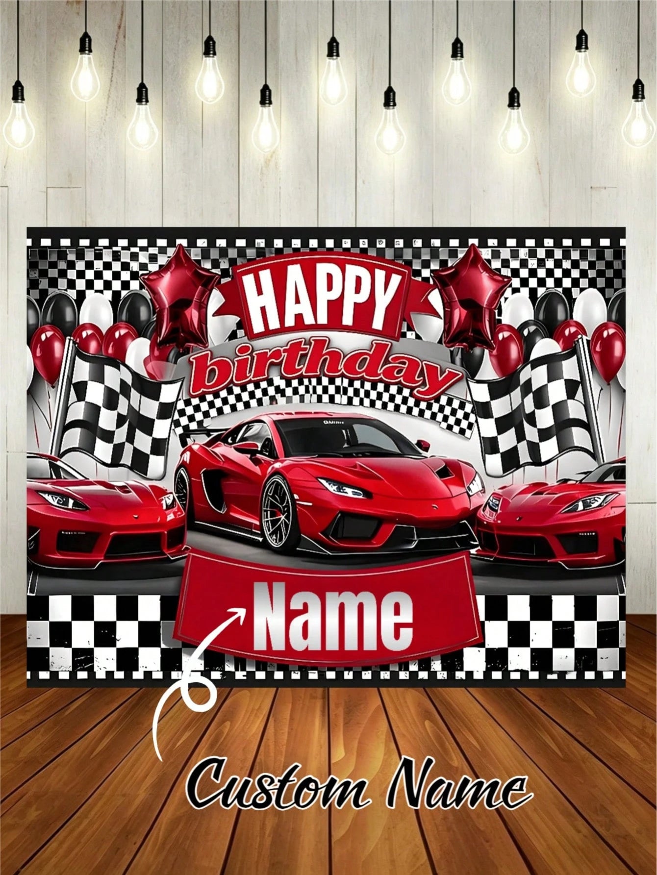Customizable Name Stylish Racing Championship Birthday Banner, Black And White Flag Design With Red Race Car Pattern, Perfect For Birthday Party, Wall Decor, Photo Backdrop, Vinyl Banner Prop, Persona