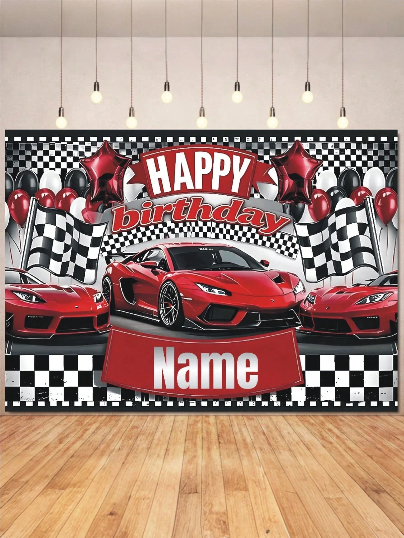 Customizable Name Stylish Racing Championship Birthday Banner, Black And White Flag Design With Red Race Car Pattern, Perfect For Birthday Party, Wall Decor, Photo Backdrop, Vinyl Banner Prop, Persona