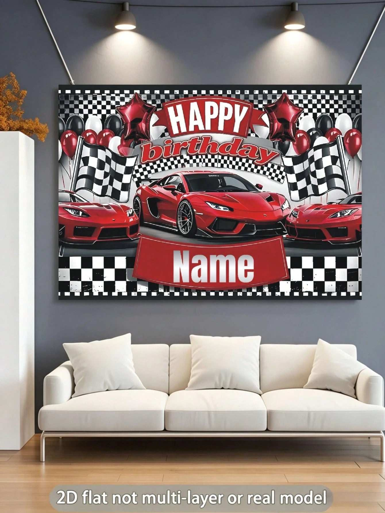 Customizable Name Stylish Racing Championship Birthday Banner, Black And White Flag Design With Red Race Car Pattern, Perfect For Birthday Party, Wall Decor, Photo Backdrop, Vinyl Banner Prop, Persona