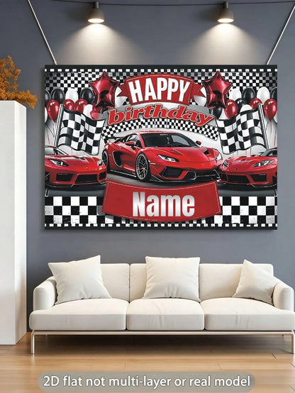 Customizable Name Stylish Racing Championship Birthday Banner, Black And White Flag Design With Red Race Car Pattern, Perfect For Birthday Party, Wall Decor, Photo Backdrop, Vinyl Banner Prop, Persona