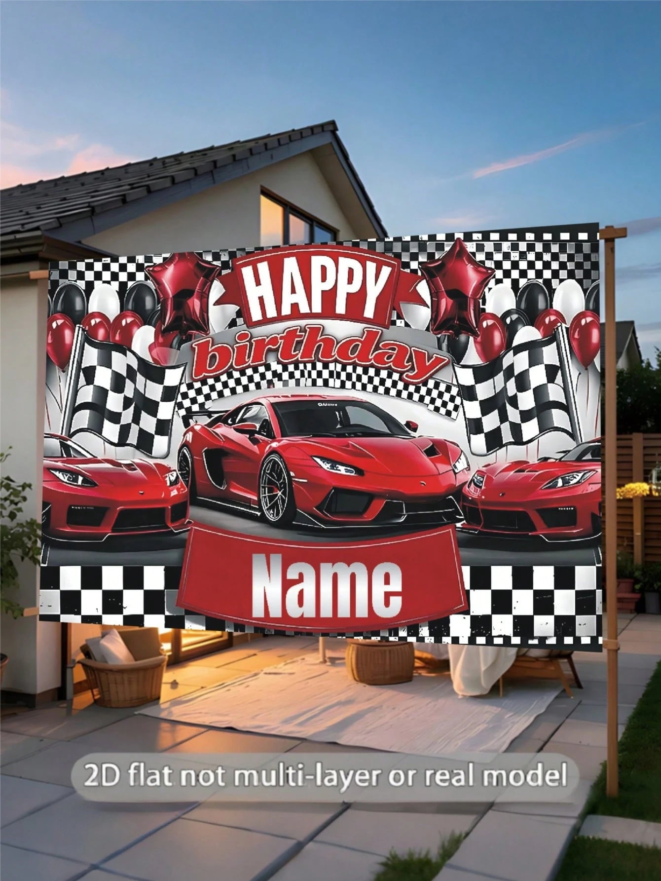 Customizable Name Stylish Racing Championship Birthday Banner, Black And White Flag Design With Red Race Car Pattern, Perfect For Birthday Party, Wall Decor, Photo Backdrop, Vinyl Banner Prop, Persona