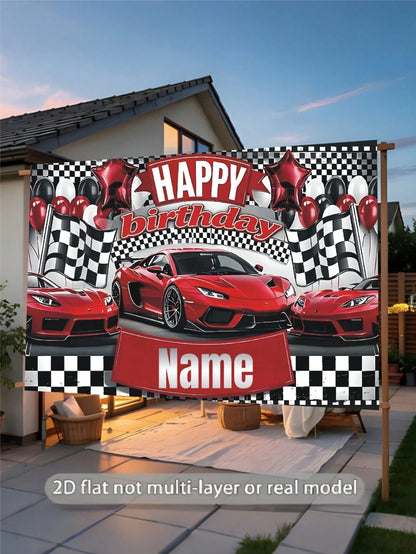 Customizable Name Stylish Racing Championship Birthday Banner, Black And White Flag Design With Red Race Car Pattern, Perfect For Birthday Party, Wall Decor, Photo Backdrop, Vinyl Banner Prop, Persona