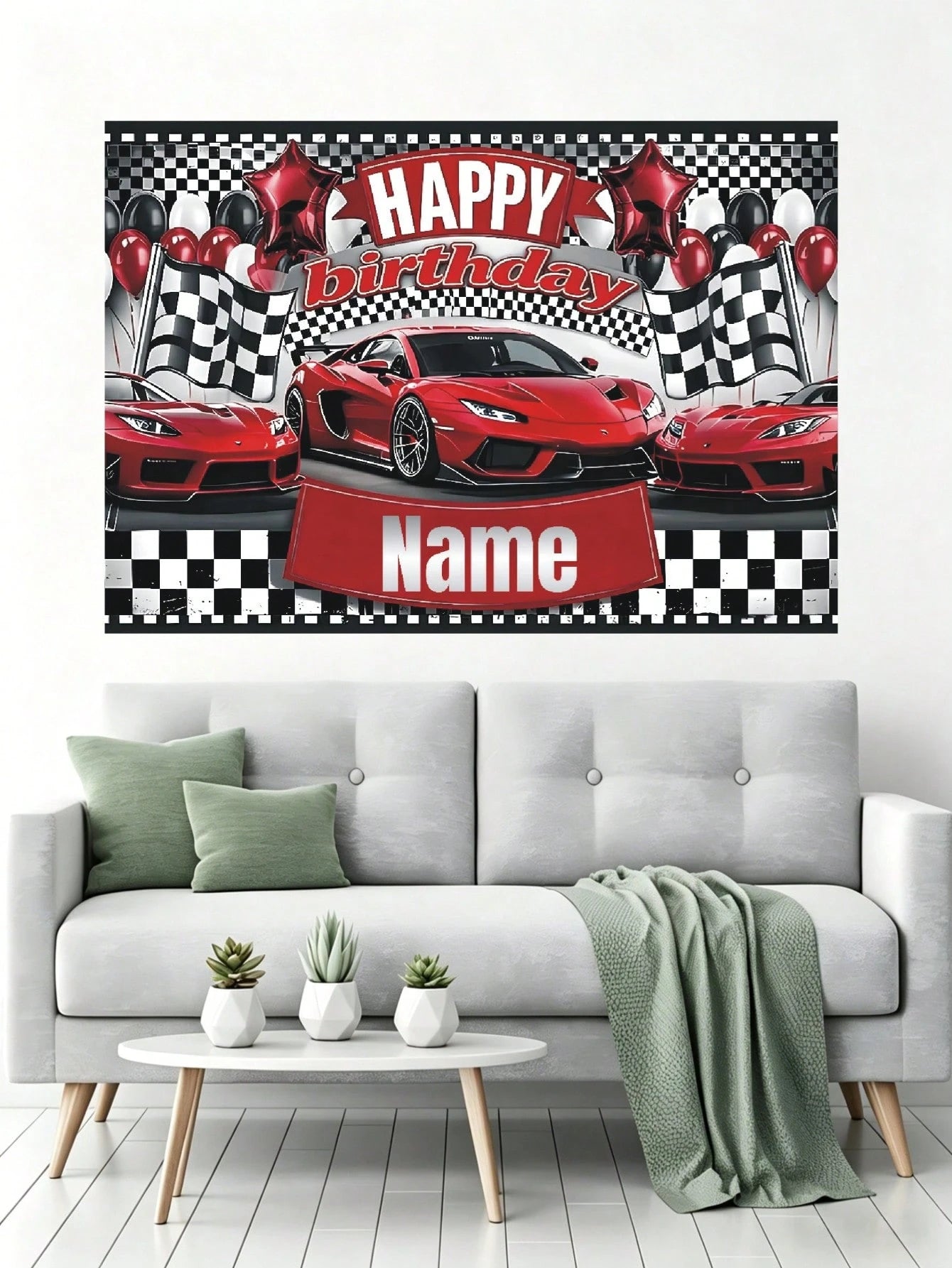 Customizable Name Stylish Racing Championship Birthday Banner, Black And White Flag Design With Red Race Car Pattern, Perfect For Birthday Party, Wall Decor, Photo Backdrop, Vinyl Banner Prop, Persona
