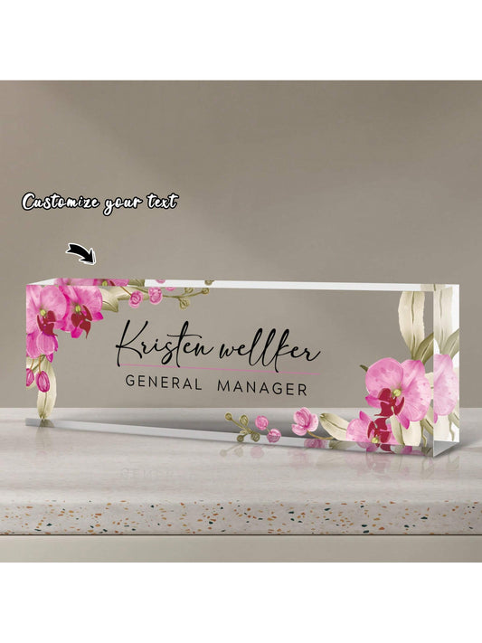 Customized Acrylic Office Desk Nameplate, Unisex, Office Desk Decor, Manager, Teacher, Nurse (Orchid Flower Pattern), Aesthetic Office Decor, Personalized Gift, Graduation Gift, Perfect Gift