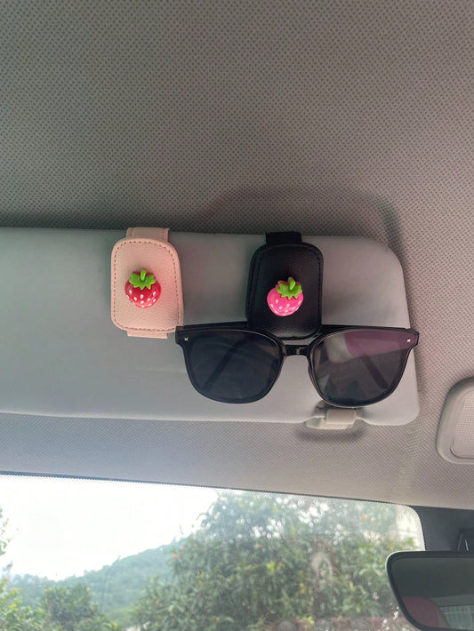 Cute 3D Strawberry Car Visor Fashion Glasses Clip, Leather Car Sun Visor Fashion Glasses & Ticket Holder, Girl Car Interior Decoration, Non-Slip Wear-Resistant Leather Sun Visor Fashion Glasses Storag