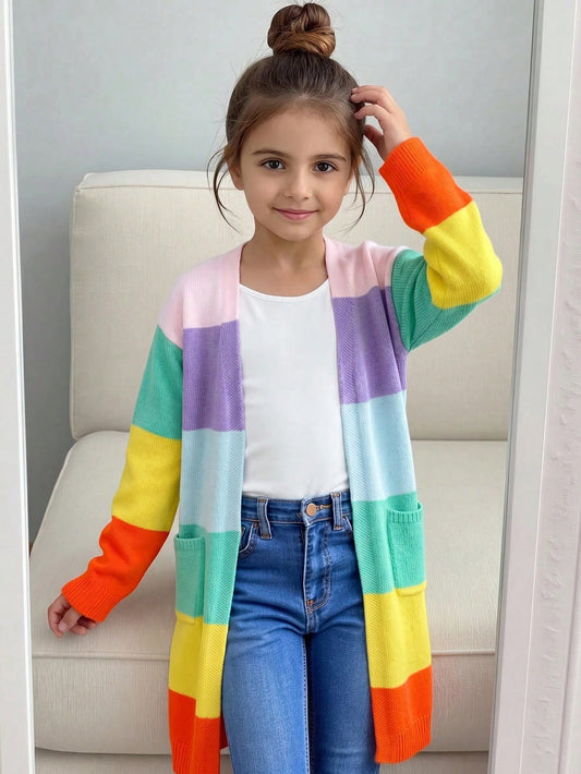 Cute Girl Rainbow Striped V-Neck Loose Casual Cardigan Sweater (Suitable For Autumn/Winter, Back To School, Birthday)