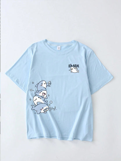 Cute Shark Print Round Neck T-Shirt, Casual Minimalist Summer Top For Plus Size Women. Suitable For Daily Wear, Outings, Travel, Beach, Party, Women's Summer, Women's Holiday