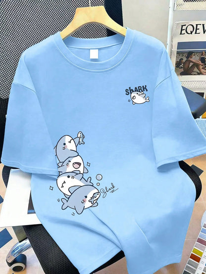 Cute Shark Print Round Neck T-Shirt, Casual Minimalist Summer Top For Plus Size Women. Suitable For Daily Wear, Outings, Travel, Beach, Party, Women's Summer, Women's Holiday