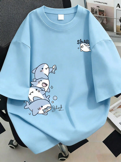 Cute Shark Print Round Neck T-Shirt, Casual Minimalist Summer Top For Plus Size Women. Suitable For Daily Wear, Outings, Travel, Beach, Party, Women's Summer, Women's Holiday