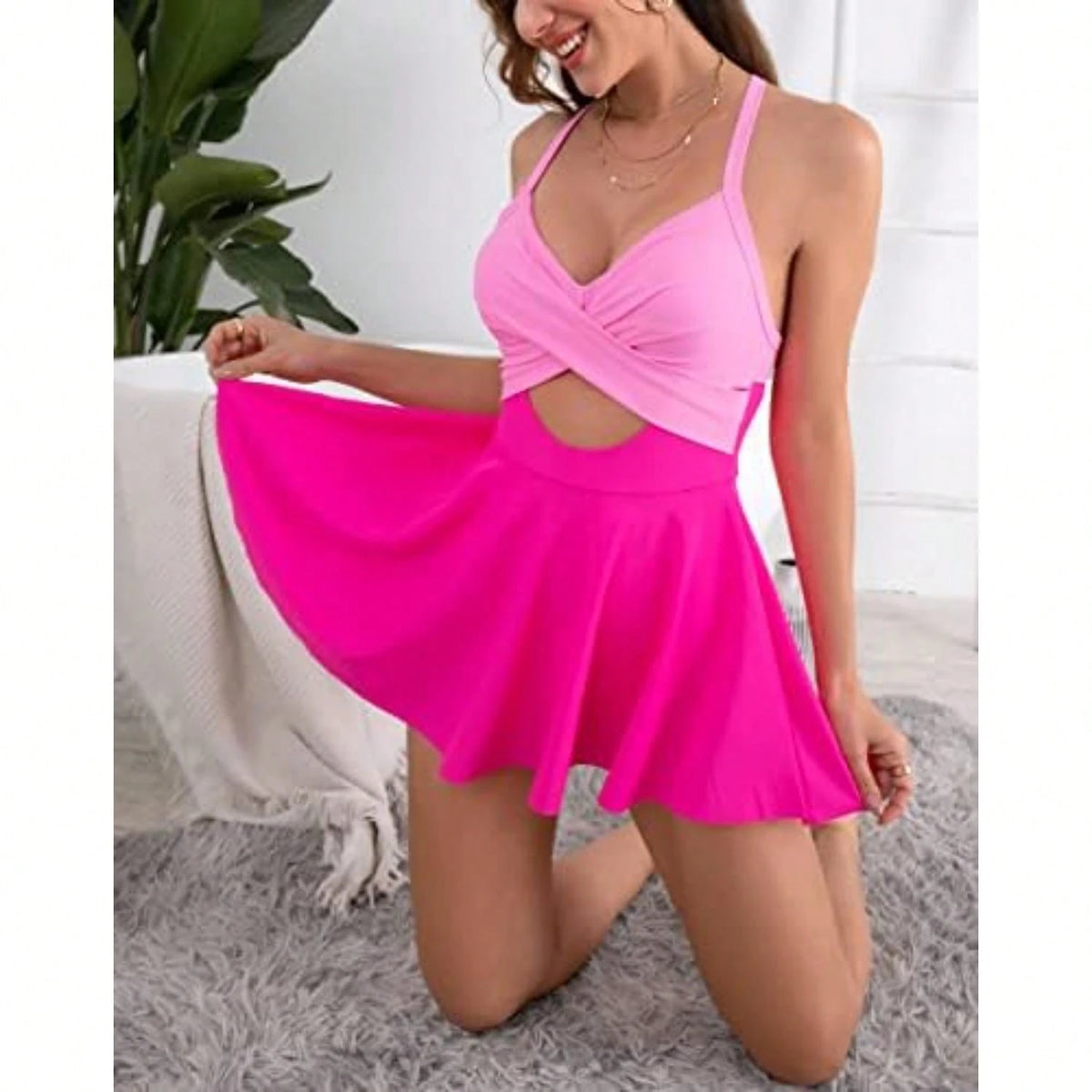 DAILY DOSE Women Cutout One Piece Skirt Swimsuit V Neck Wrap Tie Back Swimdress Tummy Control Bathing Suits Slimming Swimwear