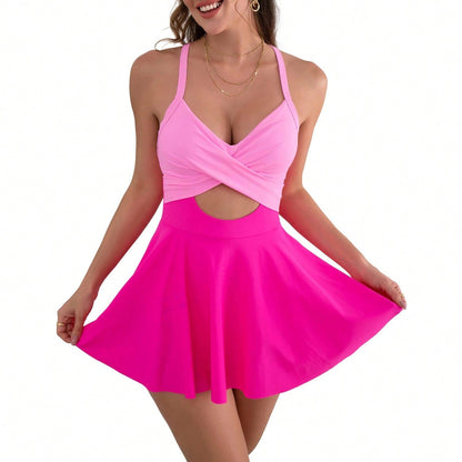 DAILY DOSE Women Cutout One Piece Skirt Swimsuit V Neck Wrap Tie Back Swimdress Tummy Control Bathing Suits Slimming Swimwear