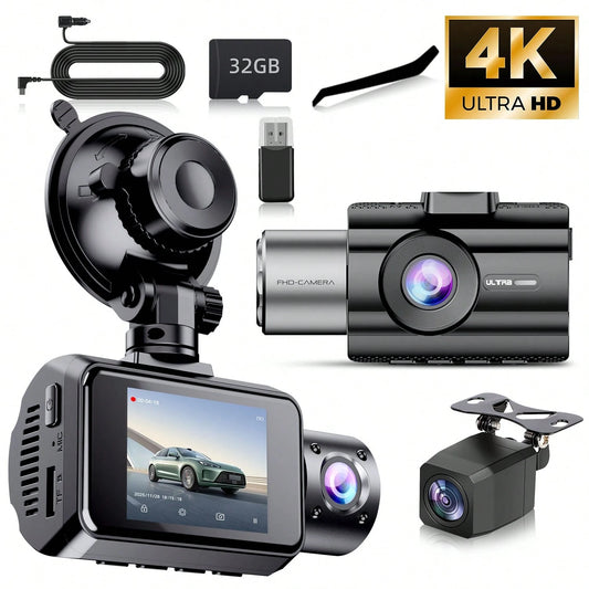 Dash Cam For Car, 4K UHD Triple-Channel Dash Cam- Front/Rear/Interior Recording With 2-Inch IPS Screen- Features Super Night Vision, Loop Recording, Emergency Lock & 24H Parking Mode- Includes 32GB