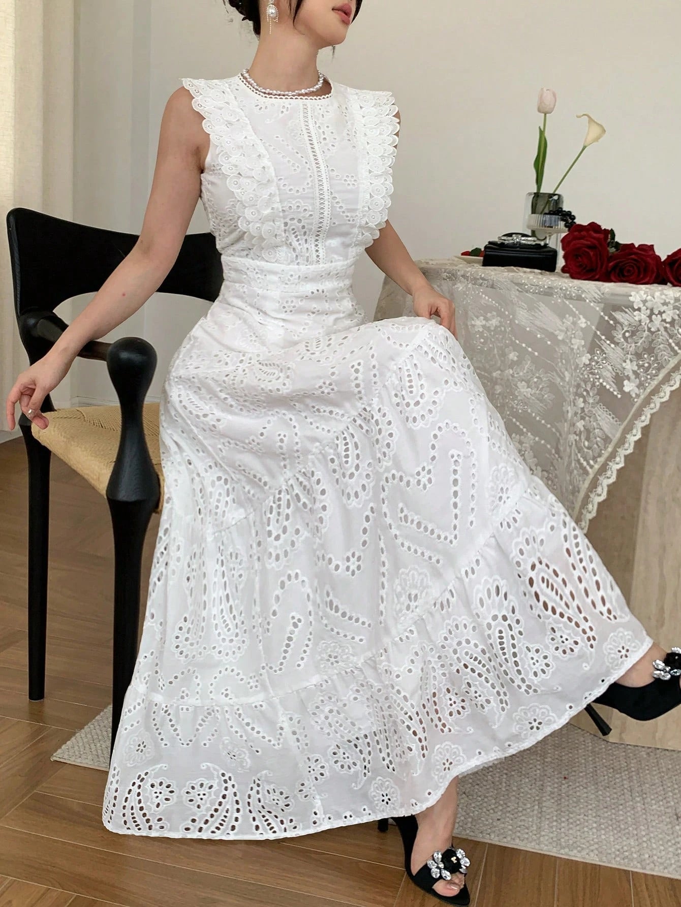 DAZY Elegant Lace White Long Dress, Casual & Suitable For Holidays, Spring/Summer Sun Dresses For Women