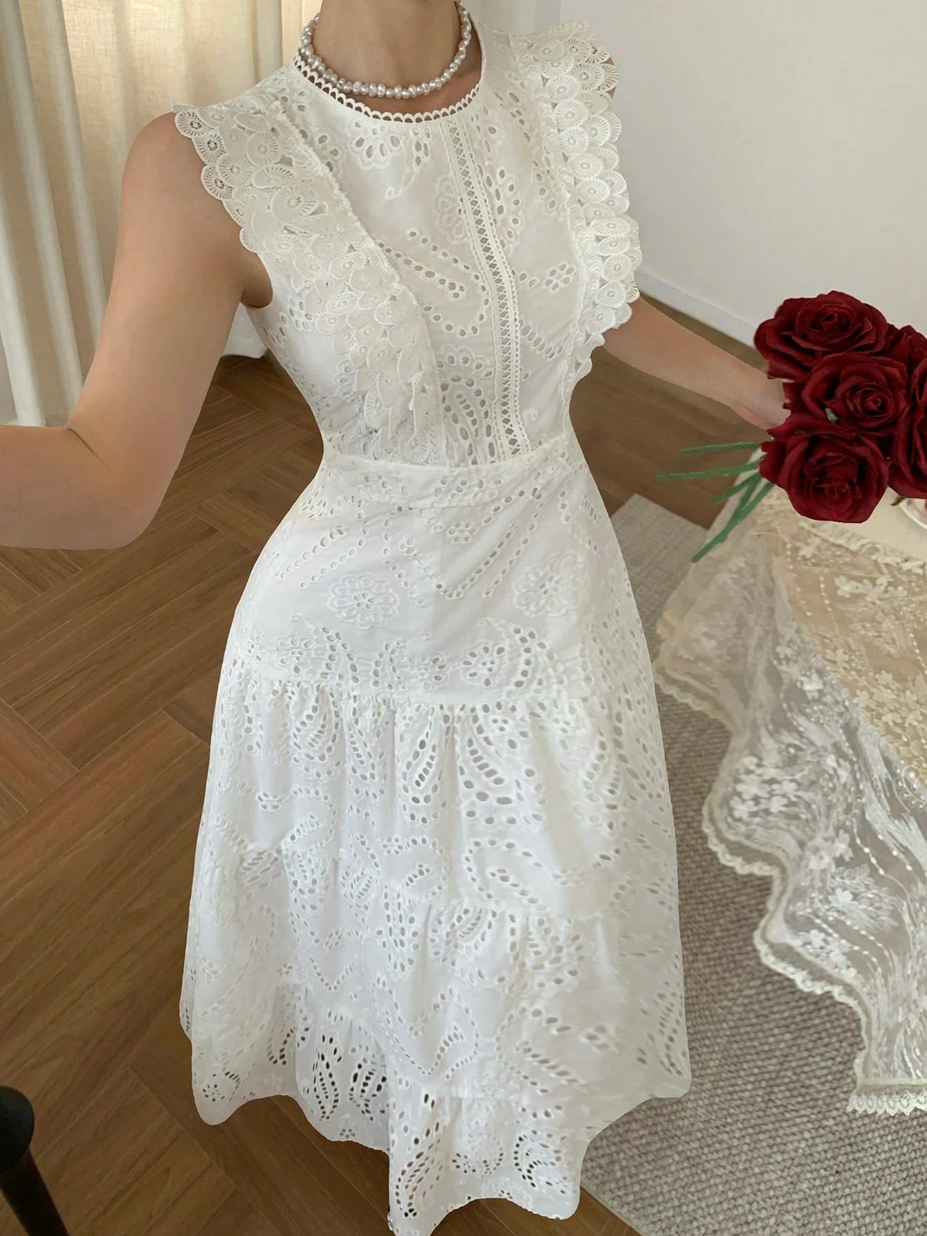 DAZY Elegant Lace White Long Dress, Casual & Suitable For Holidays, Spring/Summer Sun Dresses For Women