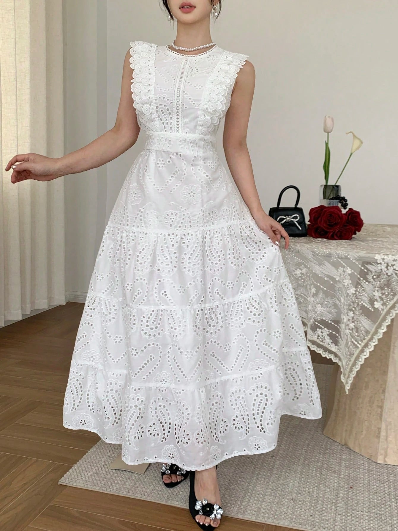 DAZY Elegant Lace White Long Dress, Casual & Suitable For Holidays, Spring/Summer Sun Dresses For Women