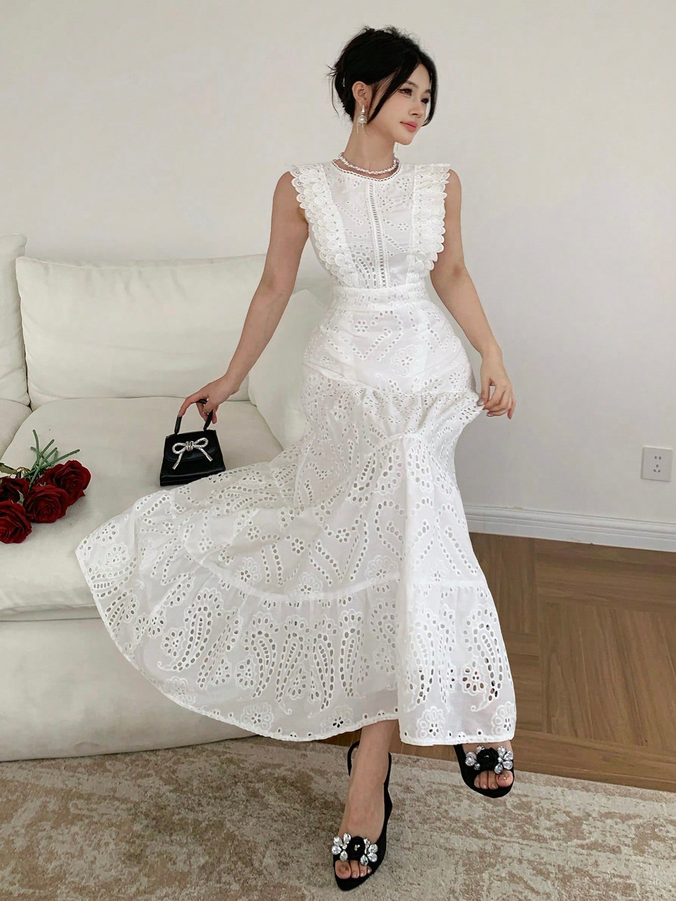 DAZY Elegant Lace White Long Dress, Casual & Suitable For Holidays, Spring/Summer Sun Dresses For Women
