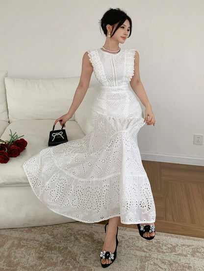 DAZY Elegant Lace White Long Dress, Casual & Suitable For Holidays, Spring/Summer Sun Dresses For Women