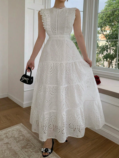 DAZY Elegant Lace White Long Dress, Casual & Suitable For Holidays, Spring/Summer Sun Dresses For Women