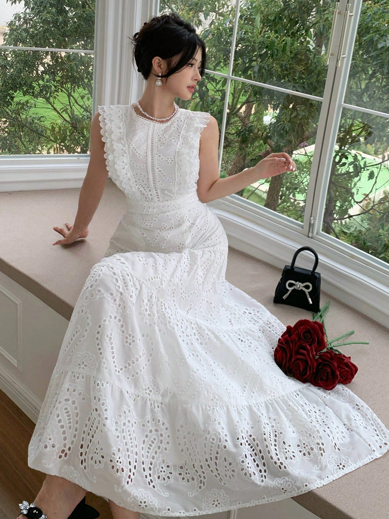 DAZY Elegant Lace White Long Dress, Casual & Suitable For Holidays, Spring/Summer Sun Dresses For Women