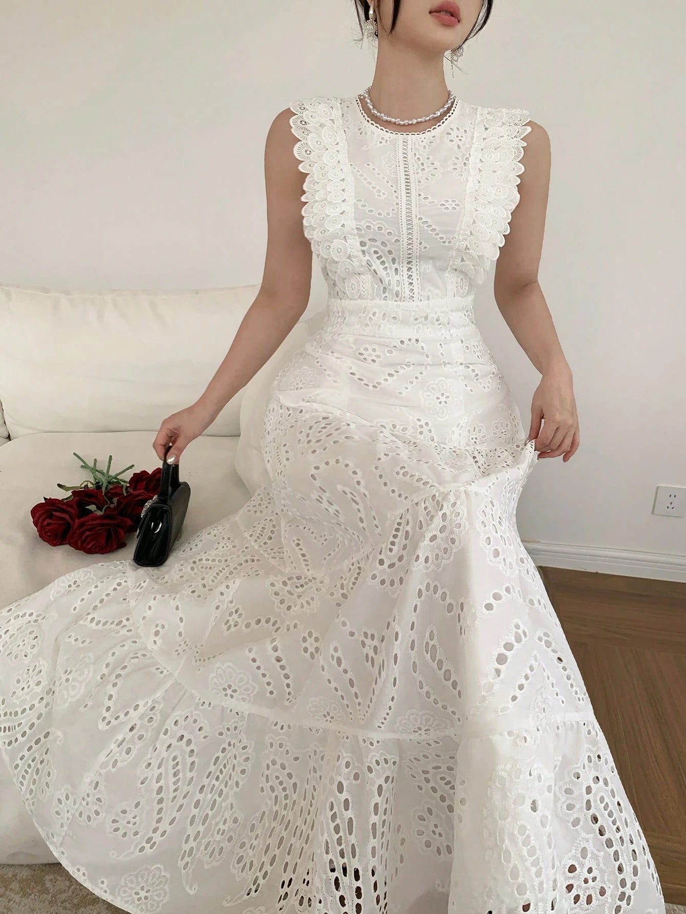 DAZY Elegant Lace White Long Dress, Casual & Suitable For Holidays, Spring/Summer Sun Dresses For Women