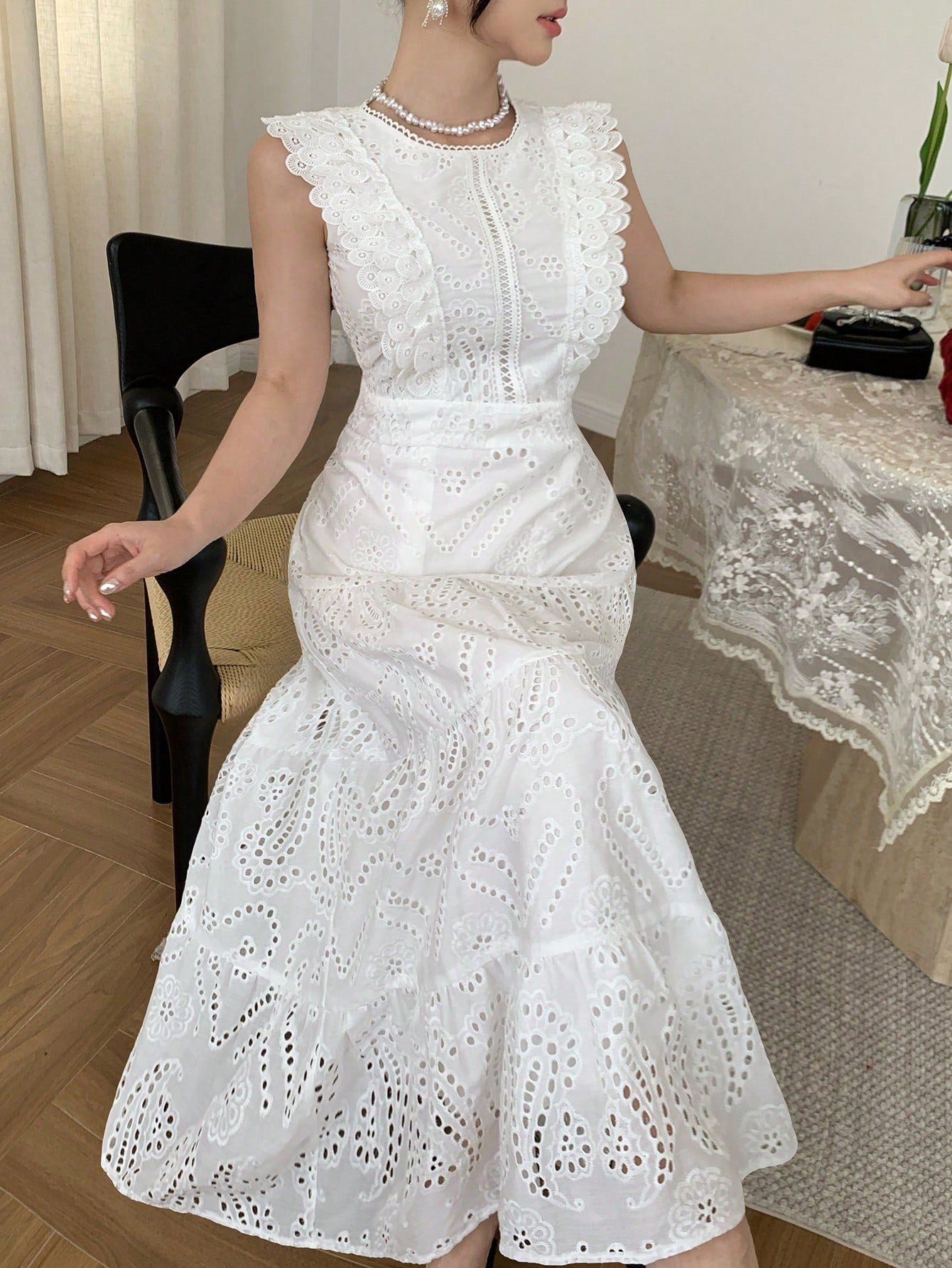 DAZY Elegant Lace White Long Dress, Casual & Suitable For Holidays, Spring/Summer Sun Dresses For Women