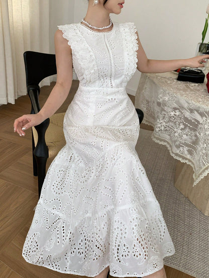 DAZY Elegant Lace White Long Dress, Casual & Suitable For Holidays, Spring/Summer Sun Dresses For Women