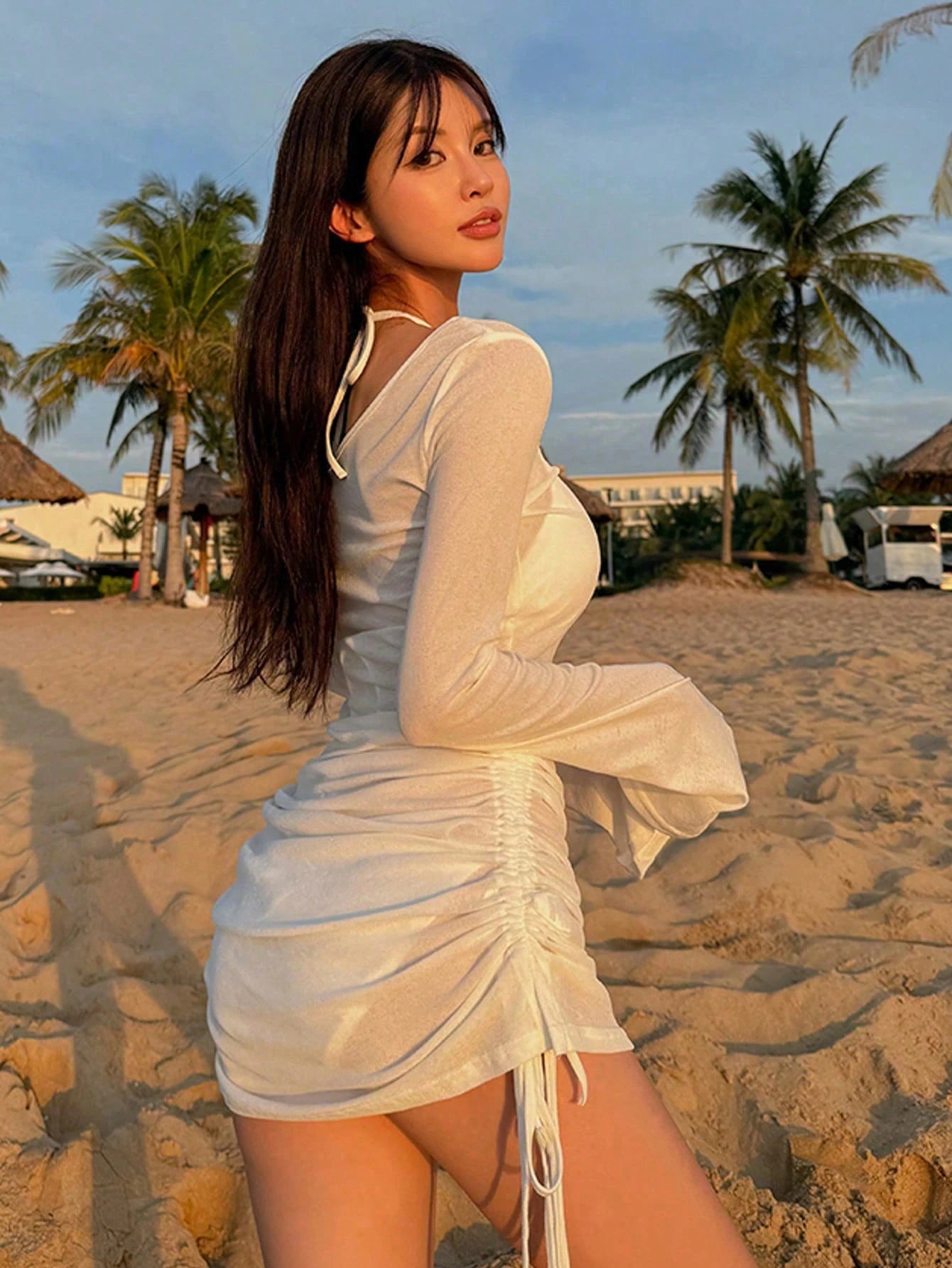 DAZY Minimalist Sexy Long Sleeve Asymmetrical Shoulder Cover Up, Flattering & Slimming For Women Summer Sundress