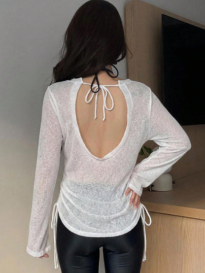 DAZY White Sheer Sun Protection Drawstring Cover-Up Top, Lightweight Beach Outfits