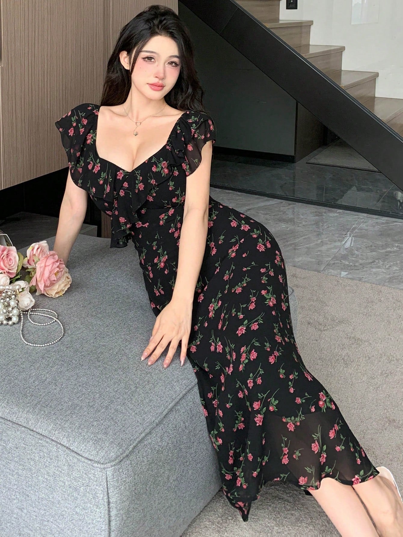 DAZY Women's Sweetheart Neck Floral Printed Dress With Ruffle Hem For Summer,Milkmaid Dress Sundress Vacation Outfits Women Easter Boho