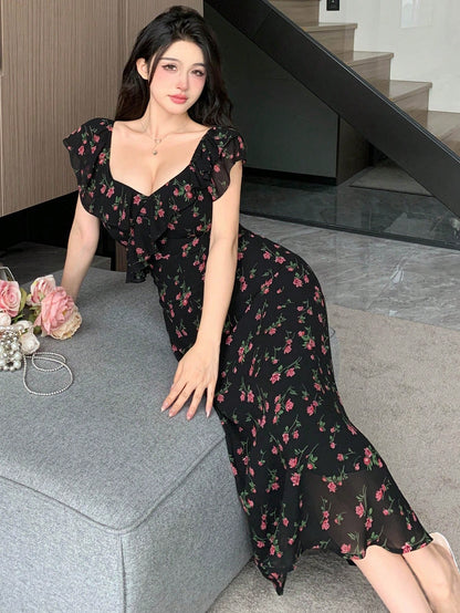 DAZY Women's Sweetheart Neck Floral Printed Dress With Ruffle Hem For Summer,Milkmaid Dress Sundress Vacation Outfits Women Easter Boho