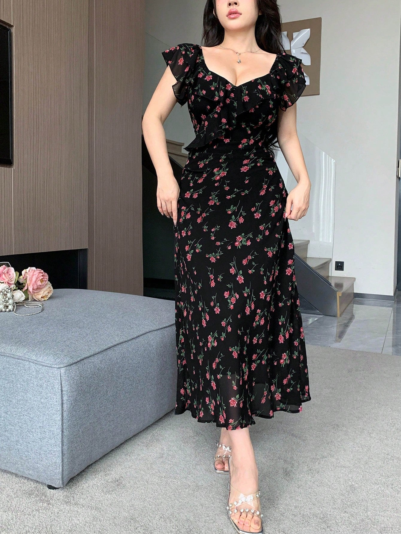 DAZY Women's Sweetheart Neck Floral Printed Dress With Ruffle Hem For Summer,Milkmaid Dress Sundress Vacation Outfits Women Easter Boho
