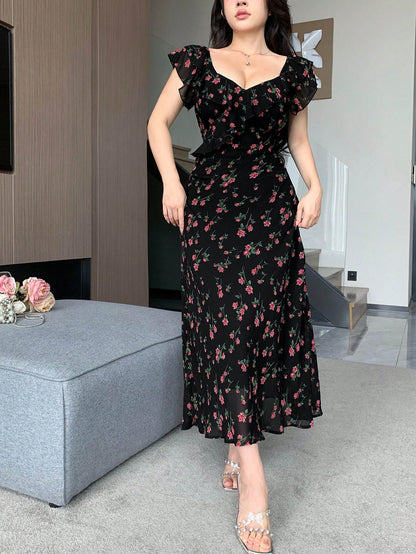 DAZY Women's Sweetheart Neck Floral Printed Dress With Ruffle Hem For Summer,Milkmaid Dress Sundress Vacation Outfits Women Easter Boho