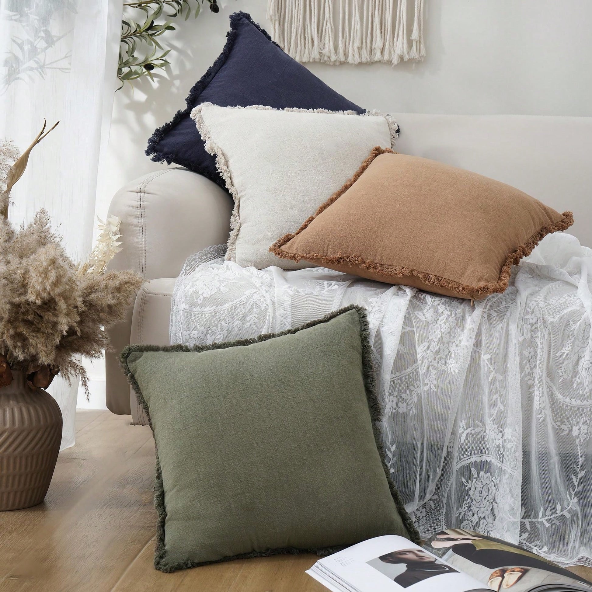 Decorative Linen Fringe Throw Pillow Covers Cozy Boho Farmhouse Cushion Cover With Tassels Soft Accent Pillowcase For Couch Chair Sofa Bed Living Room Home Decor