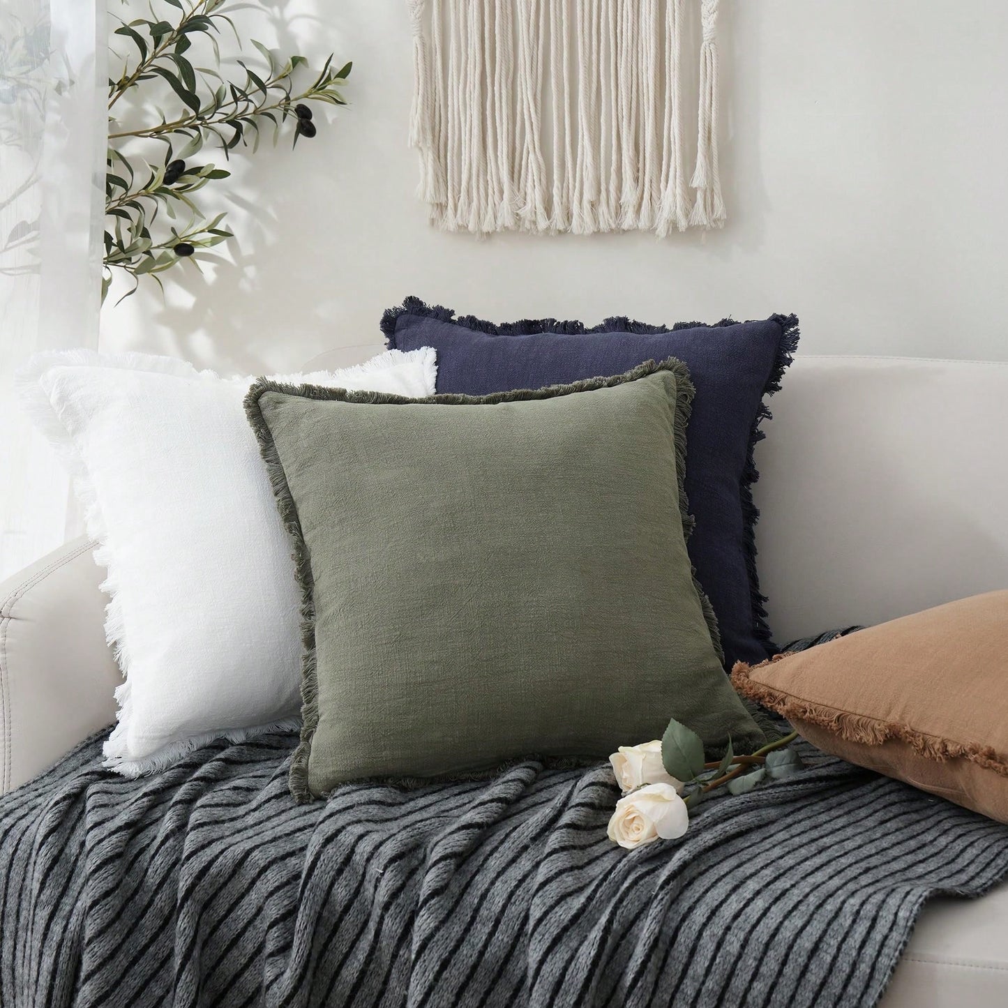 Decorative Linen Fringe Throw Pillow Covers Cozy Boho Farmhouse Cushion Cover With Tassels Soft Accent Pillowcase For Couch Chair Sofa Bed Living Room Home Decor