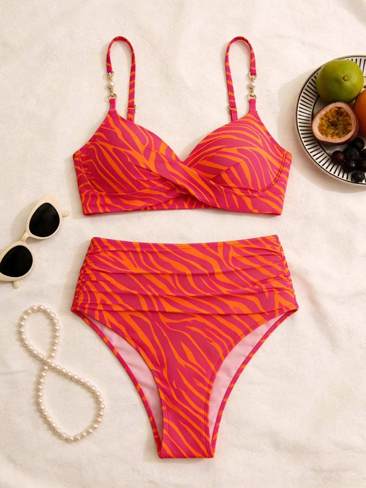 DeepOcean New Striped Digital Print Tankini Swimwear Set, High Waist Tummy Control, Fitted Faux Pearl Decor Sexy Club Outfit, Suitable For Halloween, Christmas, New Year, Thanksgiving Vacation Beach S