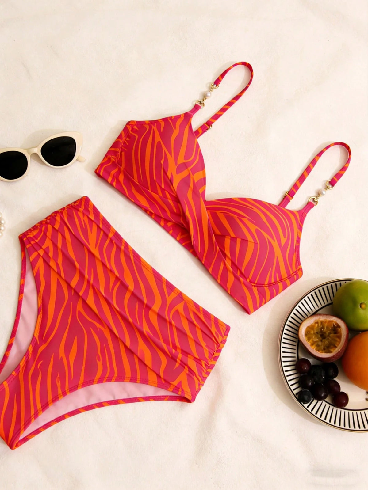 DeepOcean New Striped Digital Print Tankini Swimwear Set, High Waist Tummy Control, Fitted Faux Pearl Decor Sexy Club Outfit, Suitable For Halloween, Christmas, New Year, Thanksgiving Vacation Beach S